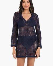 La Blanca Women's Long Sleeve Mini Dress Swimsuit Cover Up, Indigo Blue L 7204