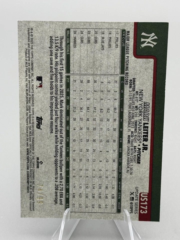 2025 Topps Update Mark Leiter Jr. Vintage Stock /99 New York Yankees Card #US173 - Image 2 of 3