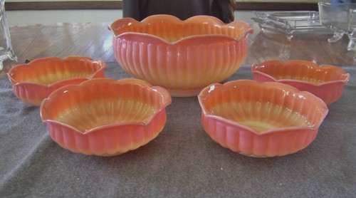 NEU MARTINSVILLE MURANESE/PFIRSICHBLASEN SUNBURST GERIPPT 8" BEERENSCHALE SET 5 STÜCK  - Bild 1 von 11