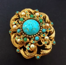 Vintage Victorian Revival Brooch Antique Gold Finish Faux Turquoise Pearls Large