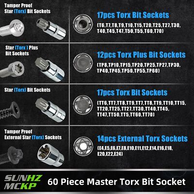 CARBYNE Set Di 62 Pezzi Master Torx Bit Socket E Torx External Socket Set, S2 Steel Bits, CrV Sockets | 1/4 Pollici, 3/8 Pollici E 1/2 Pollici Drive