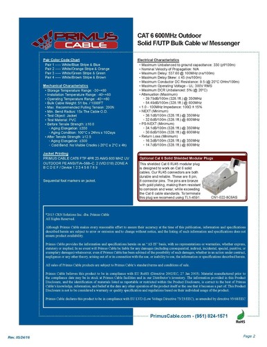 Primus 23/4P F/UTP Shielded Aerial Cat6 600MHz Network Cable w/ Messenger /50ft - Picture 12 of 12