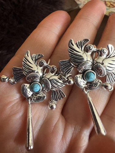 J.Jill Bird Earrings Flower Love Silver Turqiuose Dangle Kiss Romantic Boho - Picture 5 of 9