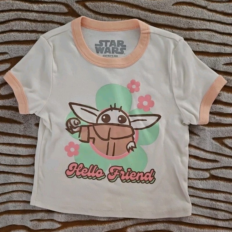 DISNEY Star Wars Girls Youth Medium 7/8 Baby Yoda Grogu Shirt Hello Friend