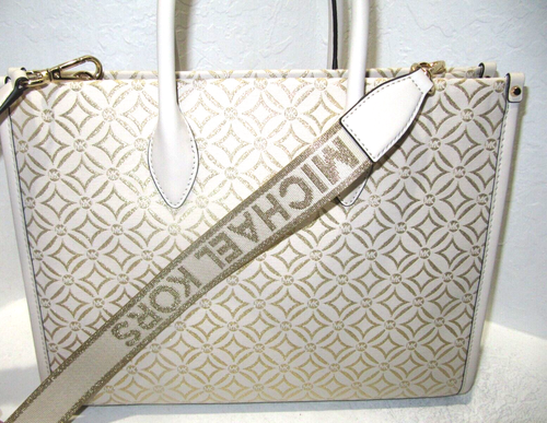Michael Kors Mirella Medium EW Metallic Logo Jacquard Tote Bag LT Cream & Gold - Picture 7 of 10