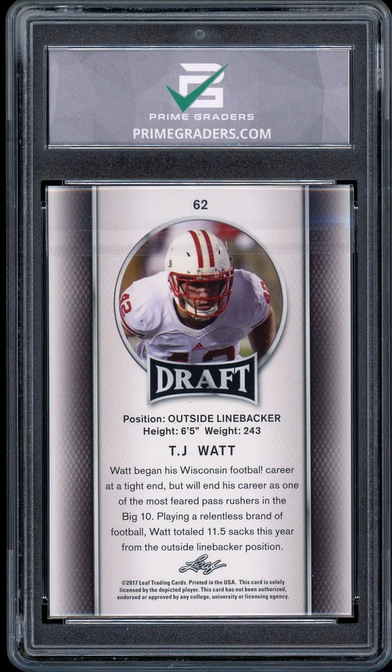 2017 Leaf Draft #62 T.J. WATT GRADED 10 Gem Mint Rookie Card RC Steelers - Image 2 of 2