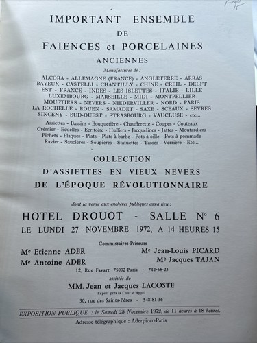 French Catalog: Important Ensemble De Porcelain et Faiences Anciennes- 1972 - Picture 2 of 8