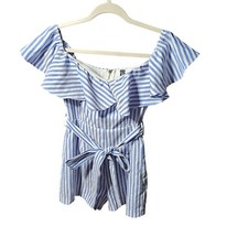Blue & White Striped Off-Shoulder Dress With Ruffle Detail & Belt  Windsor