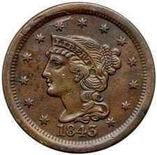 1843 Large Cent, Braided Hair, Small Letters, Petite Head