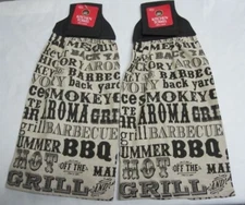 Lot of 2  Ritz 1892 Grill Chambray Tie Towels BBQ Typography Black & Tan
