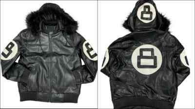 Men's 8 Ball Logo Varsity Black Genuine Real Leather Bomber Jacket