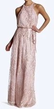 MARINA High Neck Ribbon Sash Sequin Long Pink Prom Homecoming Dress NEW Womens 6