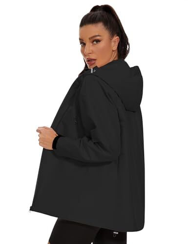Rain Jacket for Women Loose Fit Waterproof Lightweight Rain Coat Large Black - Picture 6 of 7