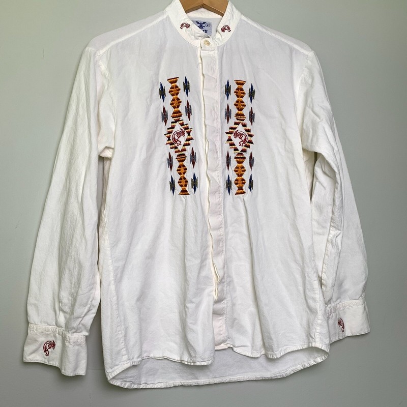 AYME VTG 90s Kokopelli Embroidered Tribal Collarless Button Down Shirt-Unisex M