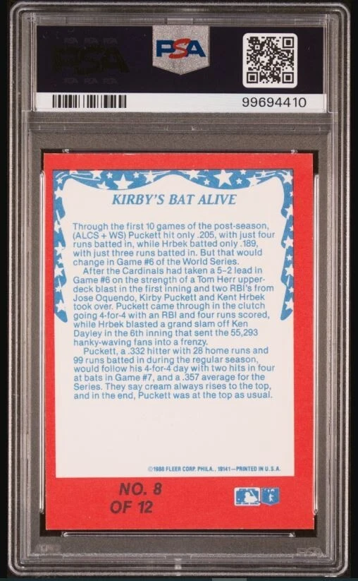1988 Fleer Kirby Puckett HOF Signed 1987 WS Baseball Card PSA 7 DNA Certified 8 - Image 2 of 3
