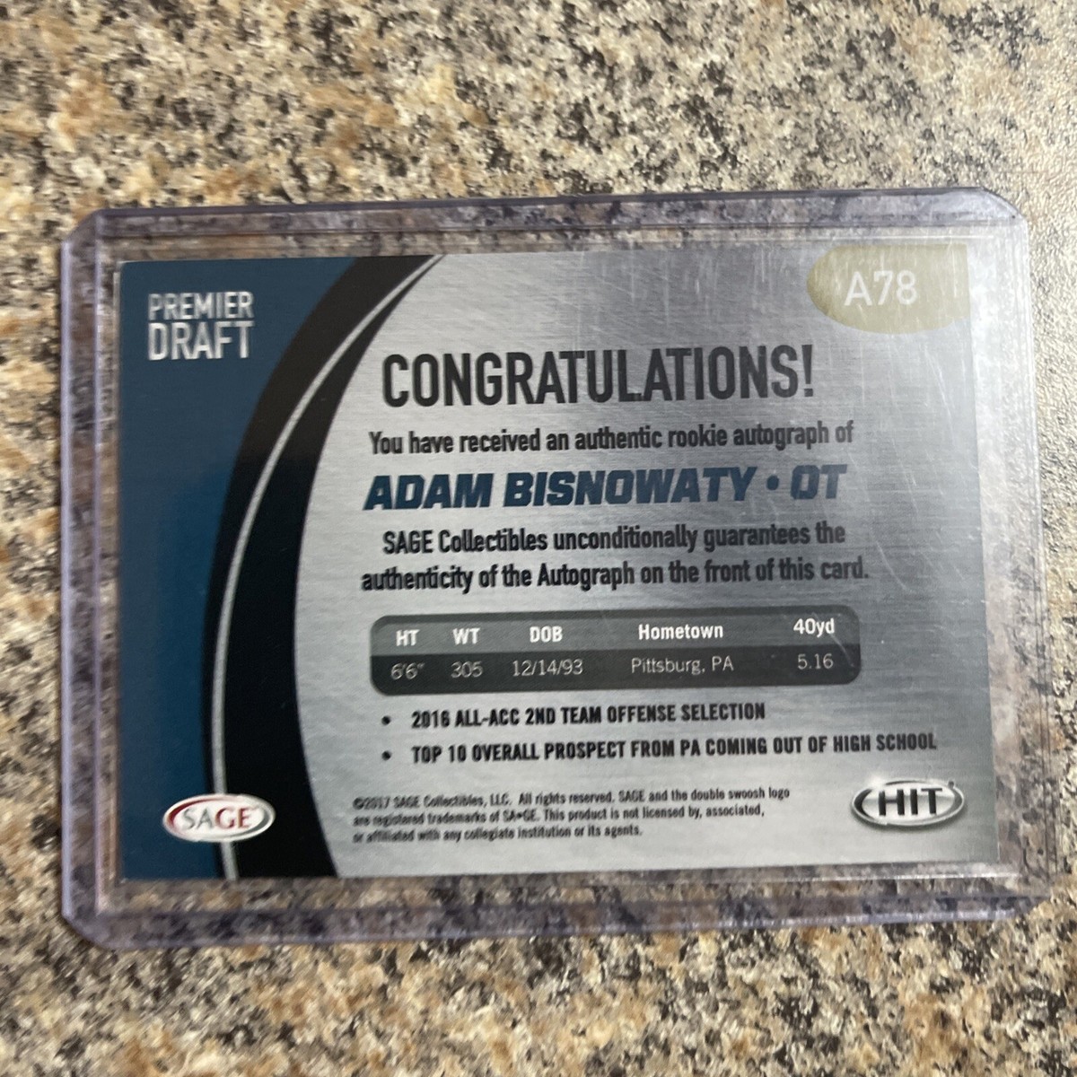 2017 Sage Hit Premier Draft Adam Bisnowaty #A78 Rookie Autograph