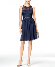 $360 Adrianna Papell Womens Blue Chiffon Sleeveless Halter A-Line Dress Size 20