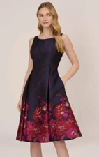 Adrianna Papell Jacquard Midi Dress With Metallic Floral Trim Navy/Pink Size 6
