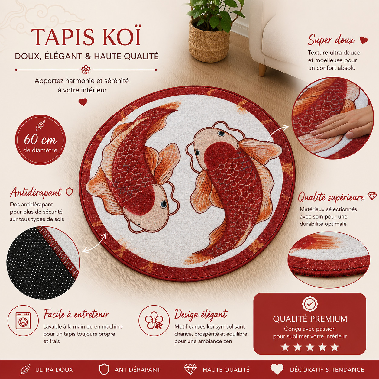 Tapis rond carpes koi 60 cm pour decoration salon asiatique moderne et zen