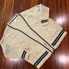 Altard State Folklore Cream Cardigan Sweater Cable Knit Embroidered Stars Sz XS