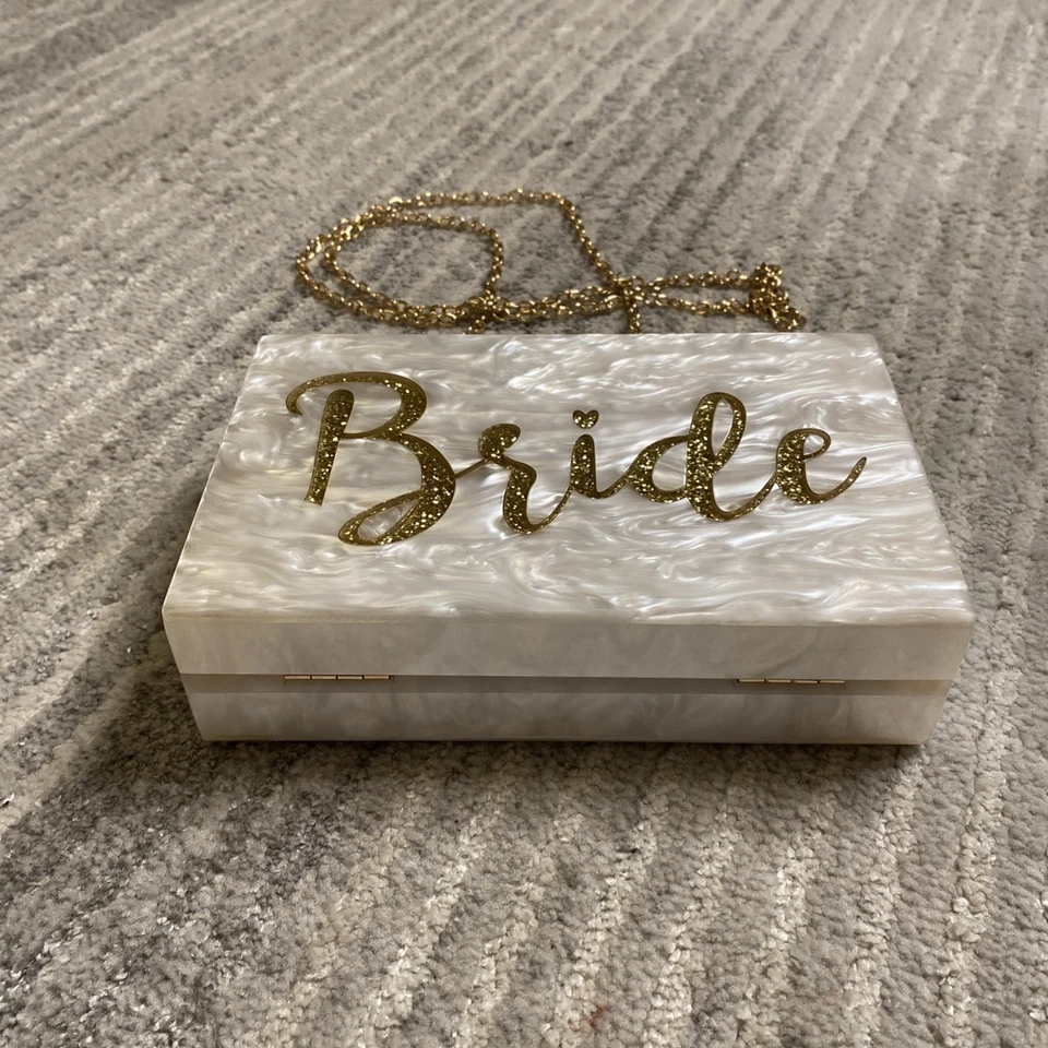 Cartera de novia blanca y dorada con correa larga de cadena de metal 7x4 pulgadas boda fiesta Foto 2 de 4