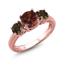 2.22 Ct Round Red Garnet Brown Smoky Quartz 18K Rose Gold Plated Silver Ring