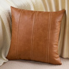 Faux Leather Decorative Throw Pillow Cover 20x20 Inch Cognac Brown Modern Far...