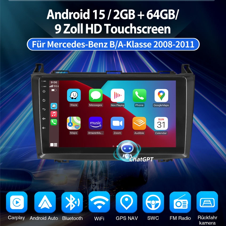 2+64G Autoradio Für Mercedes-Benz A/B Klasse W169 W245 GPS Nav GPT Android15 KAM - Bild 4 von 4