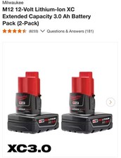 Milwaukee M12 48-11-2412 12 Volt 3.0 AH XC Red Lithium Batteries 2 Pack