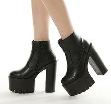 Women's Ankle Boots High Block Heels Platform Round Toe Gothic Side Zip Shoes