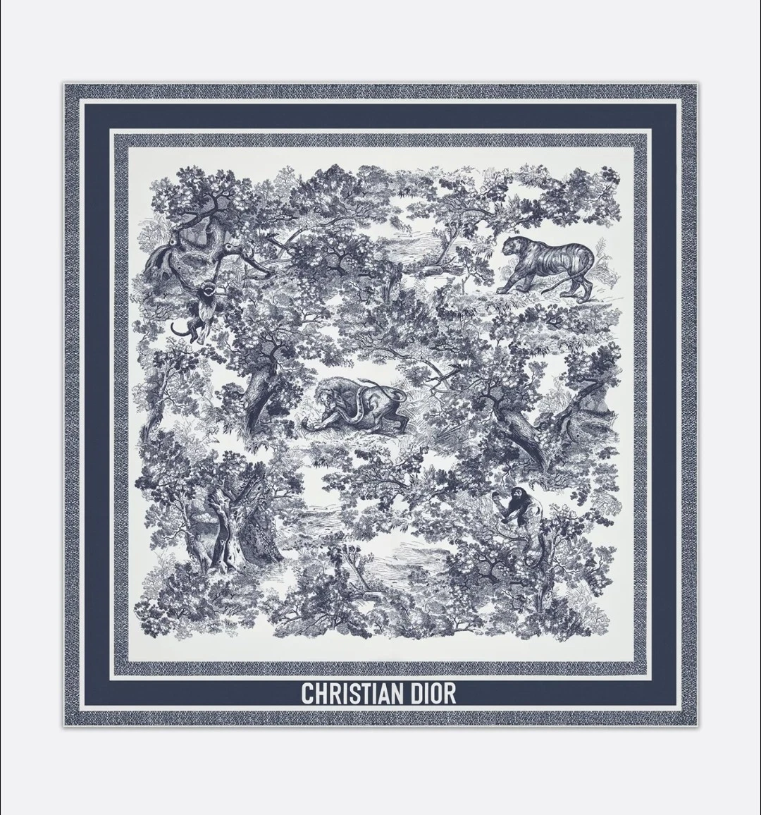Foulard carré DIOR Toile de Jouy Sauvage 90 ivoire et sergé de soie bleu marine