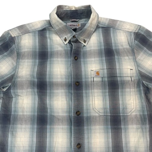 Carhartt Relaxed Fit Button Down Shirt Mens Sz M Blue Plaid Short Sleeve Pocket - Picture 2 of 13