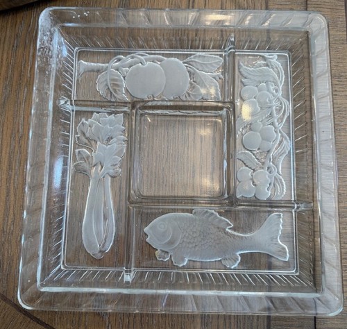 1940s Duncan Miller Glass Divided Relish Tray Frosted Intaglio Fish Fruit
