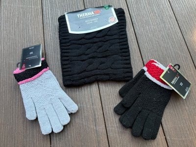 NEW Lot of 3 Thermax Black Knitted NECK WARMER with faux/fake fur lining +gloves