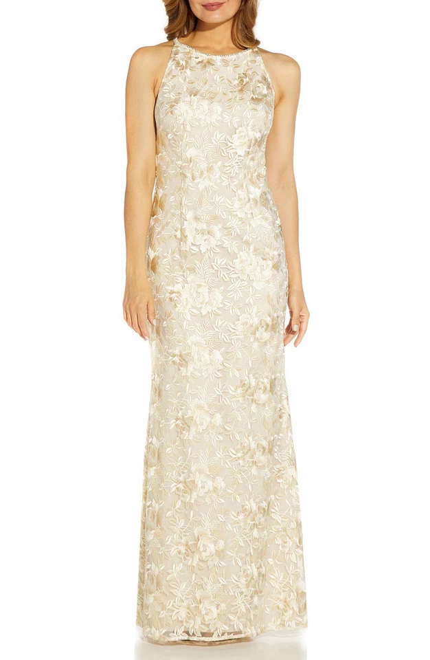 Adrianna Papell Dress Ivory Floral Embroidered Halter Neck Gown Size 8 - Image 2 of 4