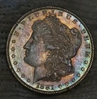 1881-o Morgan Silver Dollar Brilliant Uncirculated Rainbow Toned