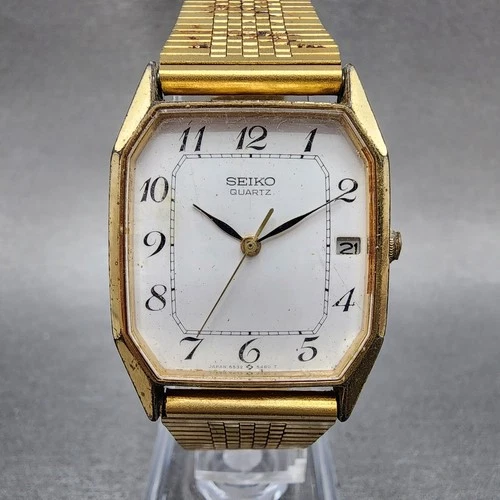 Seiko Watch Men 26mm White Dial Gold Tone Date Octagon 6532-6310 New Battery