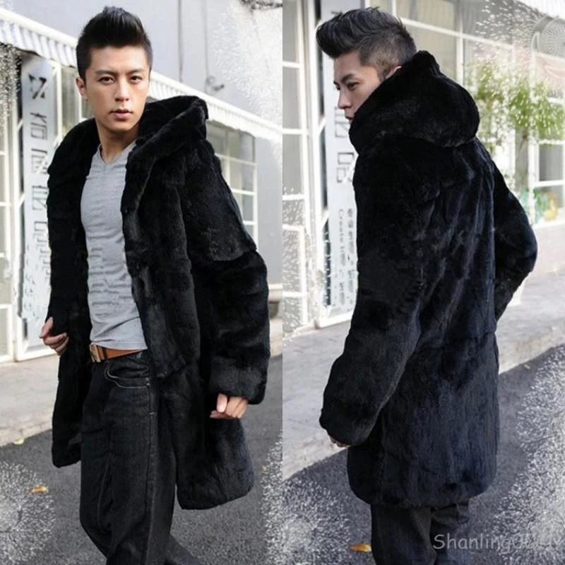 Men s Luxurious Faux Rabbit Fur Trench Coats With Hoodies Long