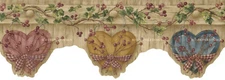 Scalloped Hearts on Rustic Wood Brown with Berries Wallpaper Border - NEW
