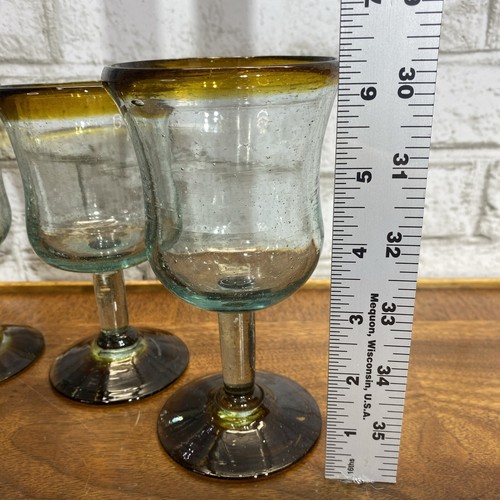 Bicchieri da vino/acqua soffiati a mano 6 carati cerchio marrone e base corpo verde Messico - Foto 12 di 13