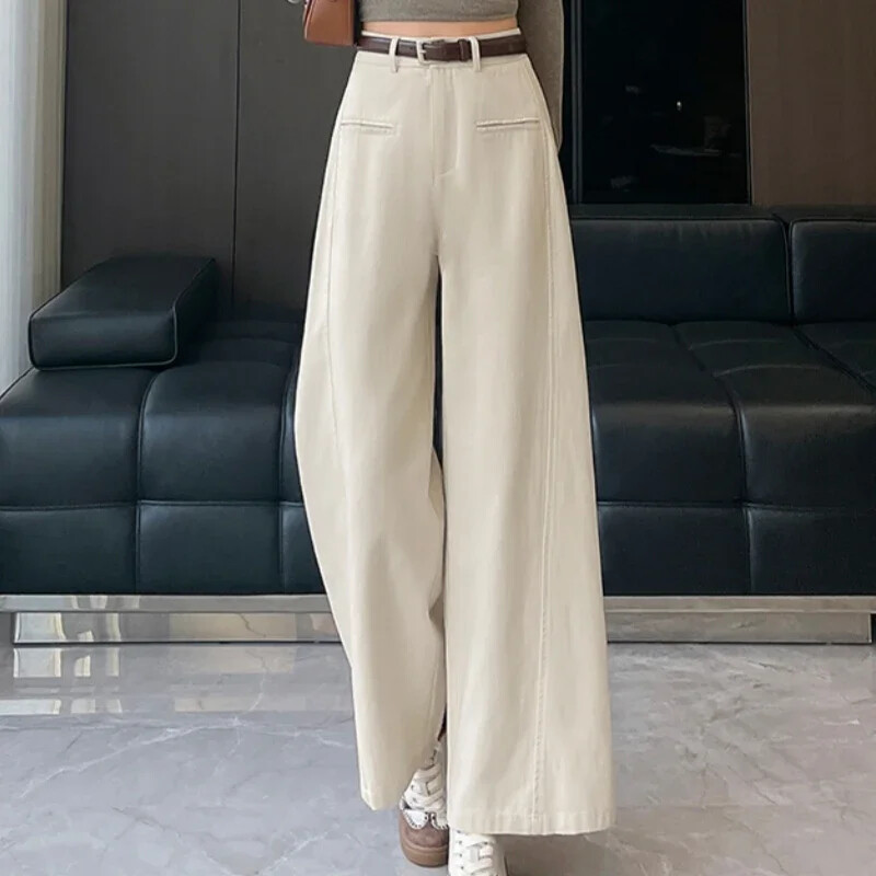 Spring Summer Wash Cotton Loose Women's Wide Leg Full Pants High Waist Pant