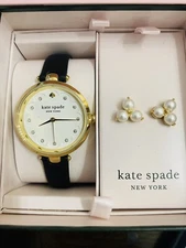 New Kate Spade New York Holland Three Hand Black Leather Watch And Earrings Set 