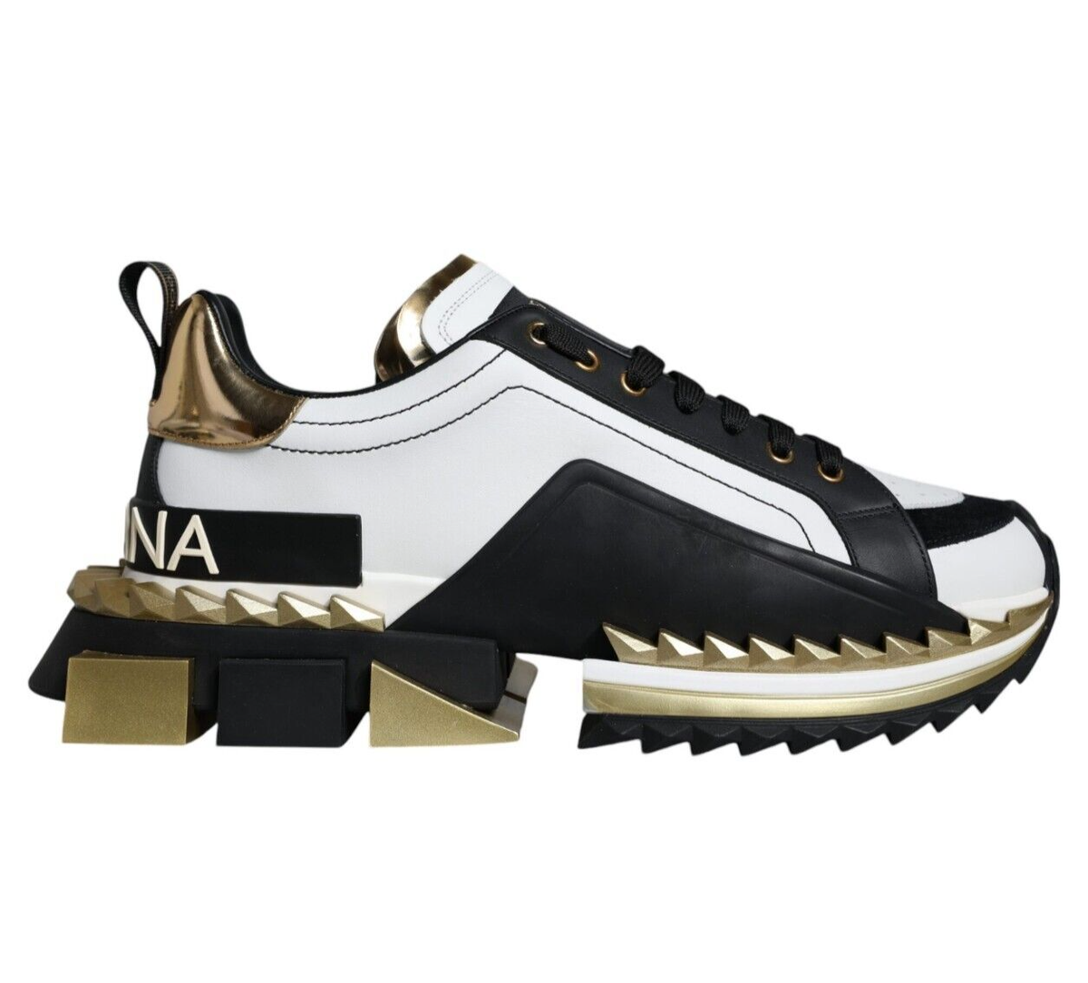DOLCE & GABBANA スニーカー ホワイト/ブラック/ゴールド DOLCE & GABBANA White Gold Black Leather SUPER KING Sneakers Shoes