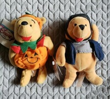 Lot of 2 Disney Store Winnie the Pooh Mini Bean Bag Biker and Halloween Pumpkin