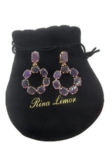 Authentic Rina Limor Amethyst Floral Gold Plated 925 Silver Post Circle Stone Earrings 2"