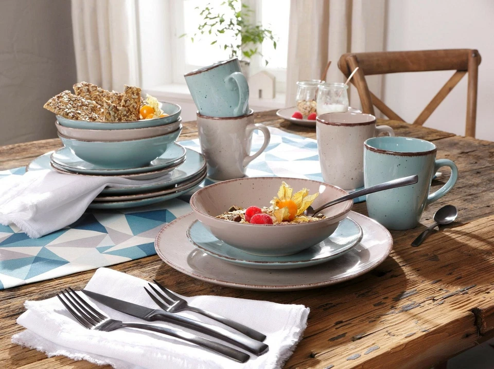ArteViva Geschirr Set 32-tlg. Kombi Service PURO türkis beige Landhaus Steinzeug - Bild 2 von 2