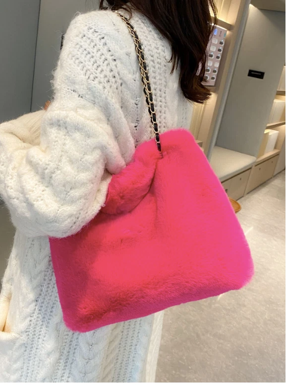Neon pink Chain Fuzzy Shoulder Tote Bag Small Bag