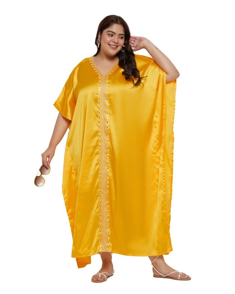 Golden Polyester Plus Size Kimono Style Caftan For Women