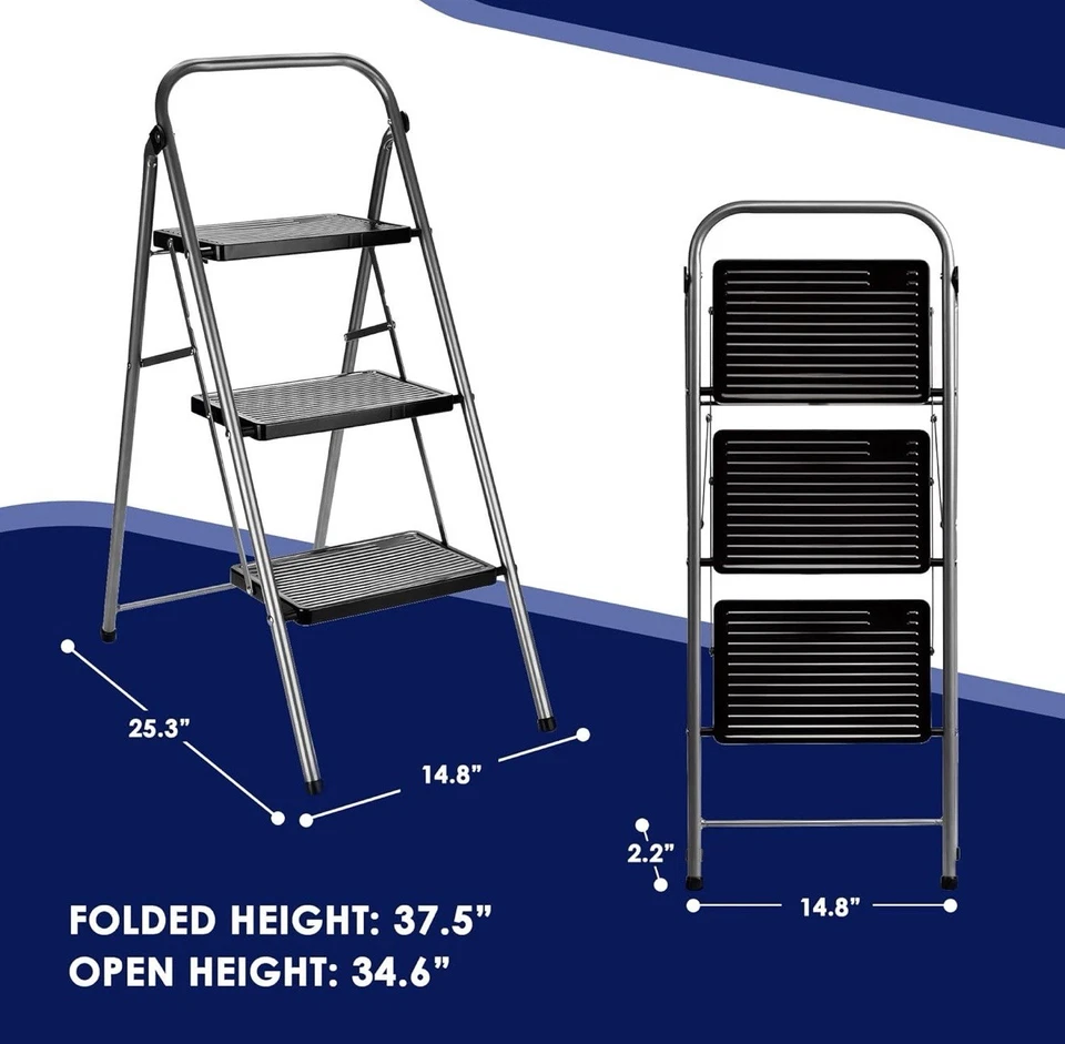 3 Step Ladder Folding Step Stool Anti-Slip with Wide Pedal Handrai 330LB Grey - Image 2 of 4