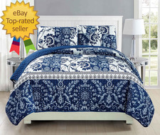 Mk Collection 3Pc Full Queen Bedspread Coverlet Set Quilted Floral White Navy B